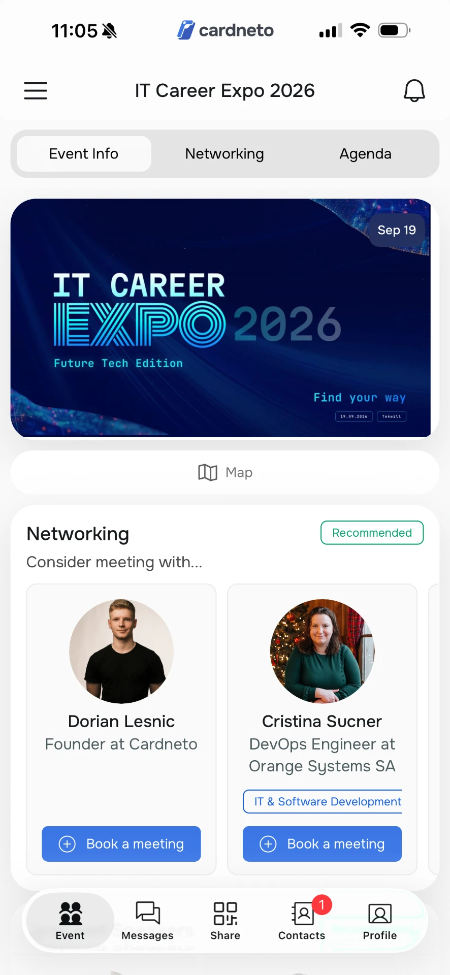 Aplicația Cardneto la IT Career Expo 2026, cu recomandări de networking și programarea întâlnirilor